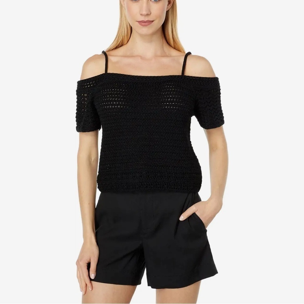 NWT. Vince Open Shoulder Knit Crochet Sweater Top in Black Size Large